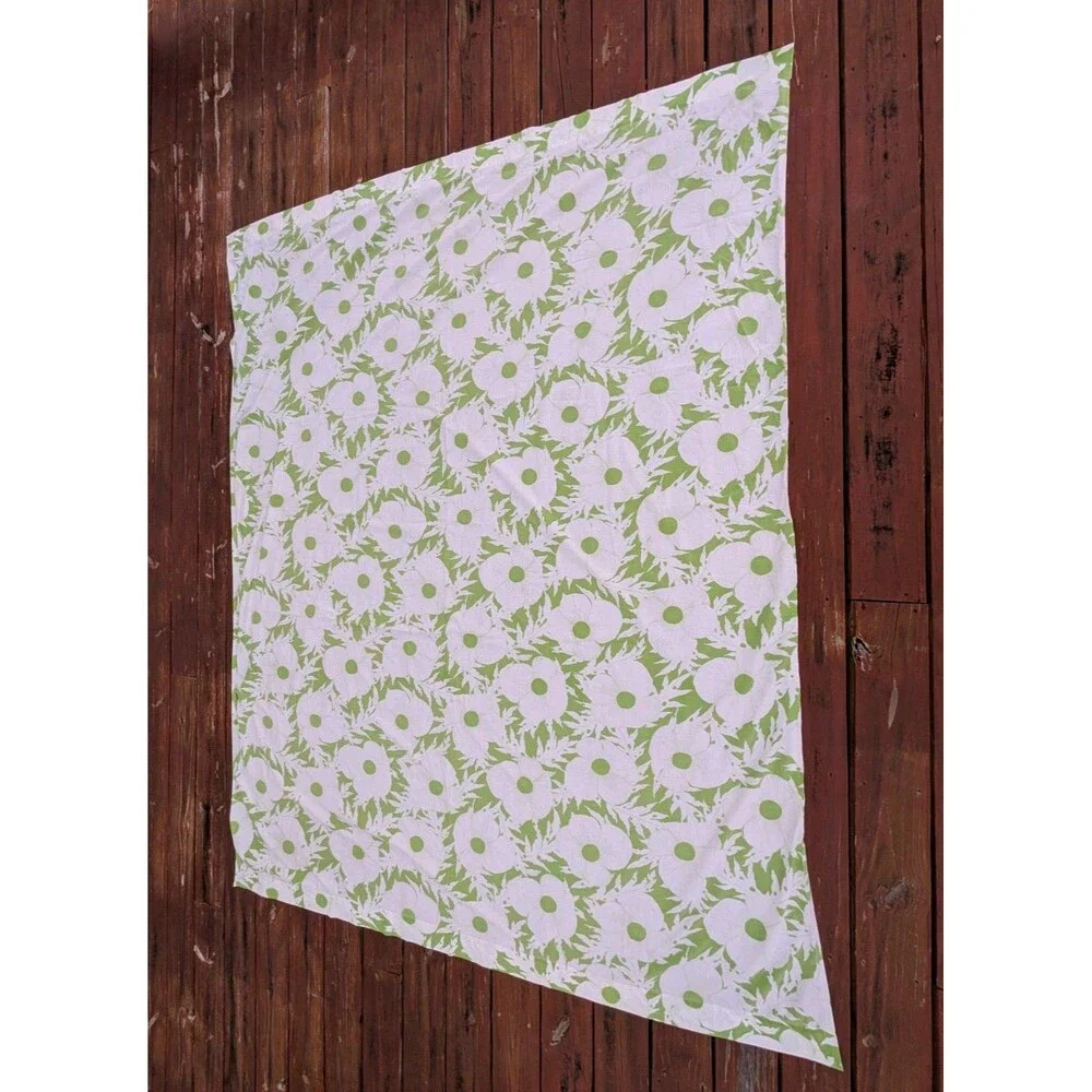 Vintage 70s MCM Queen Flat Sheet Retro Green Floral Dan River Tranquale Flowers